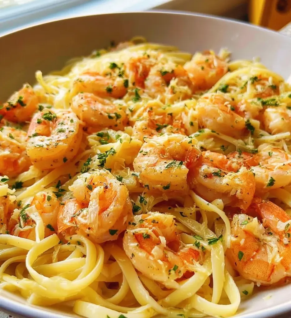 Delicious Garlic Butter Shrimp Pasta served in a bowl with herbs