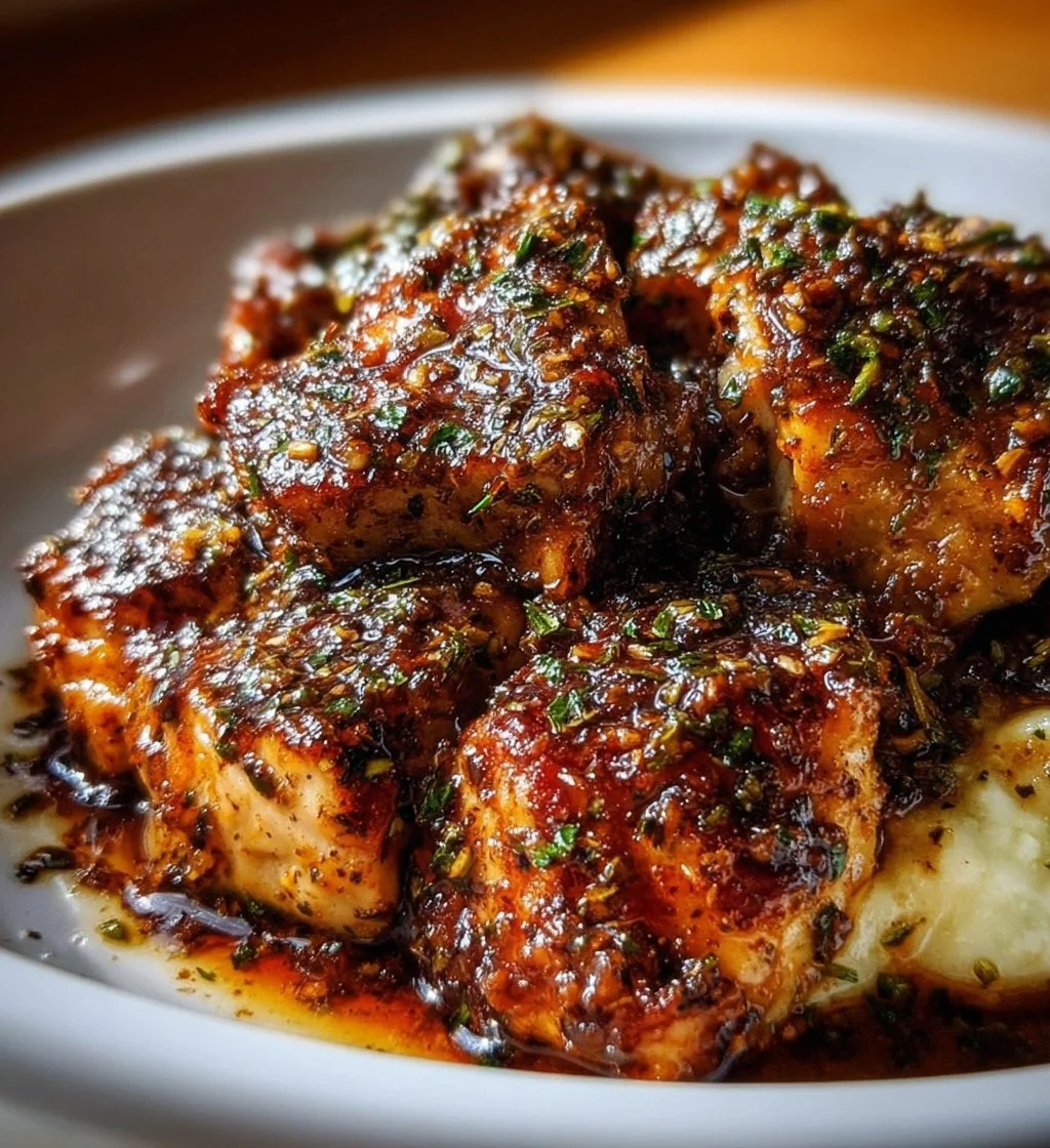 Garlic Herb Chicken marinated with fresh herbs and spices, served on a plate.
