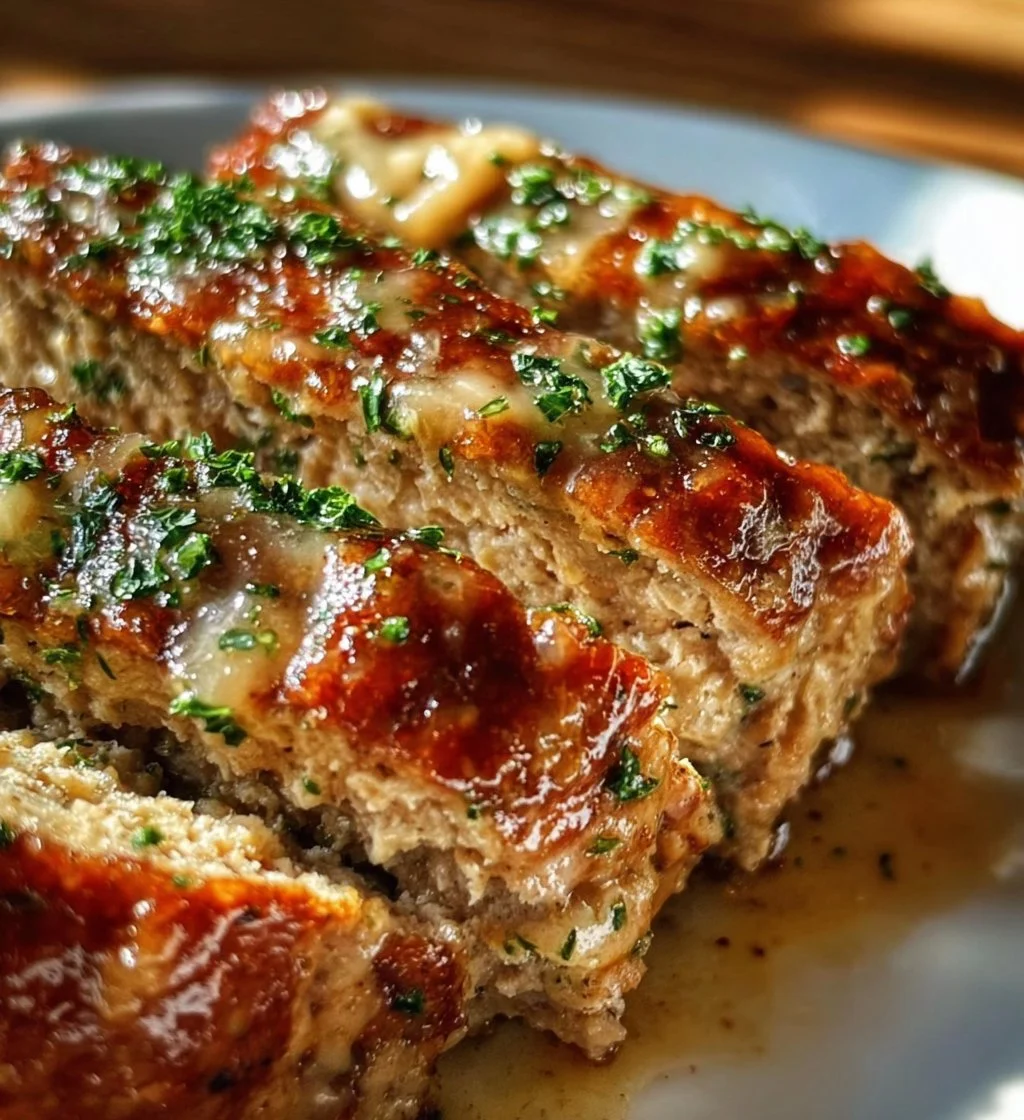 Garlic parmesan chicken meatloaf recipe with herbs and spices.