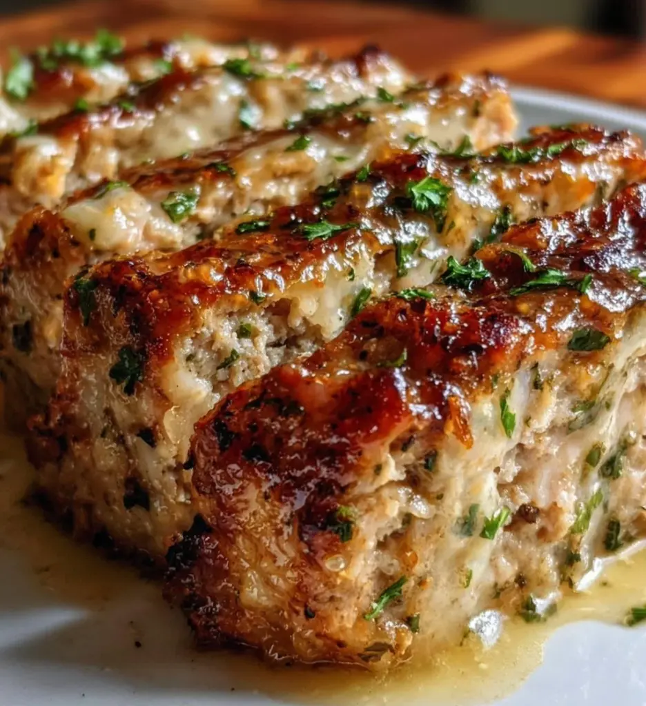 Delicious Garlic Parmesan Chicken Meatloaf topped with herbs and spices