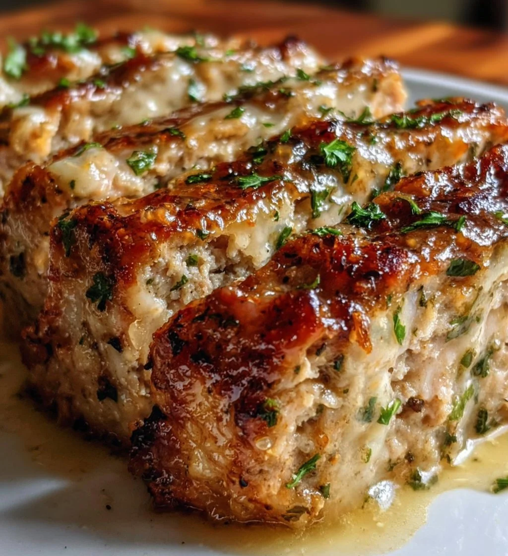 Delicious Garlic Parmesan Chicken Meatloaf topped with herbs and spices