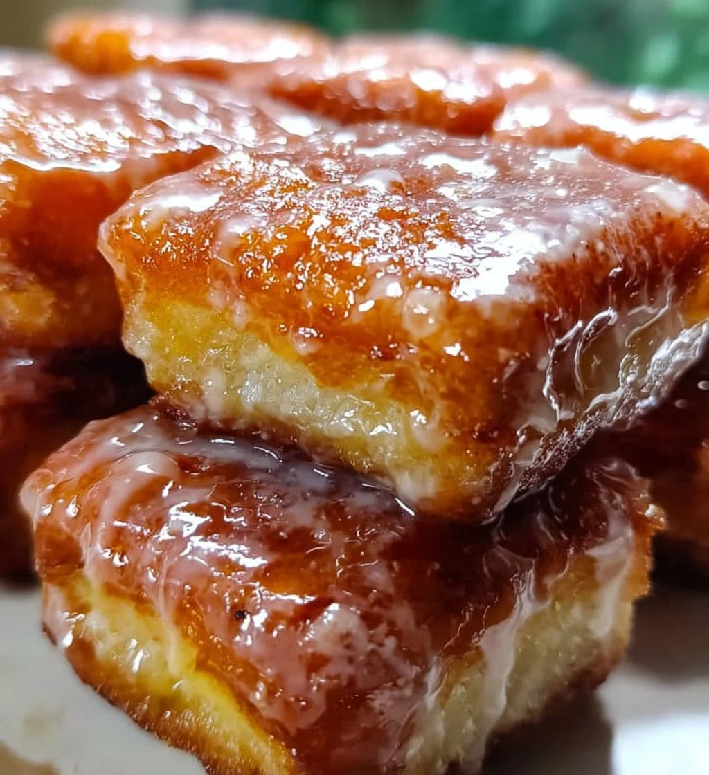 Glazed buttermilk beignet squares freshly made and served on a plate