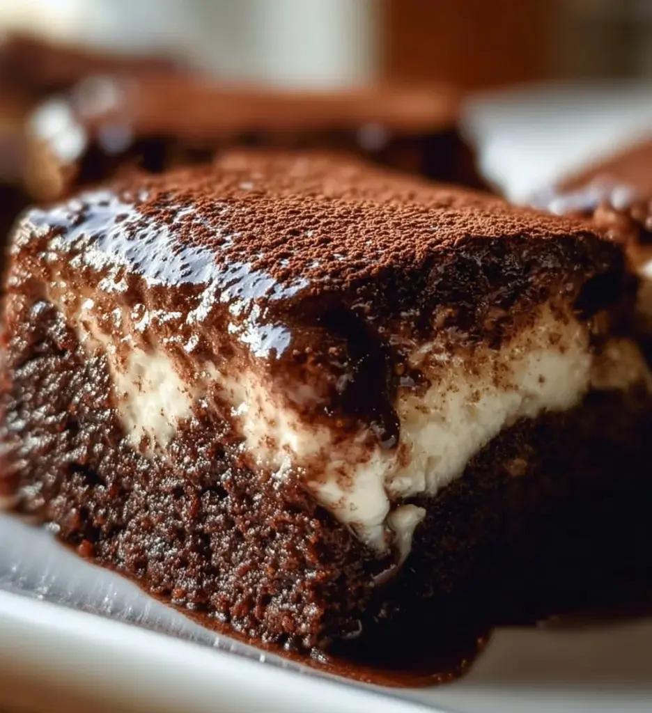 Delicious gluten-free tiramisu brownies topped with cocoa powder