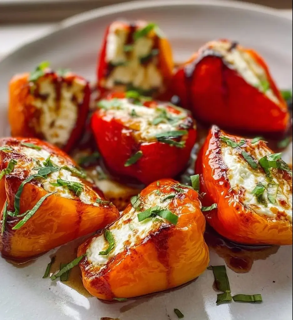 Delicious goat cheese stuffed mini peppers ready to serve as appetizers.
