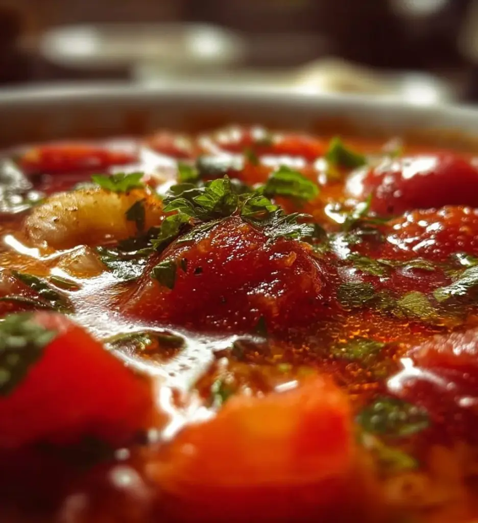 Bowl of Greek Healing Soup with vegetables and herbs