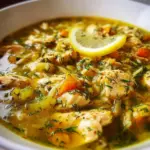 Bowl of Greek lemon chicken soup garnished with herbs and lemon slices