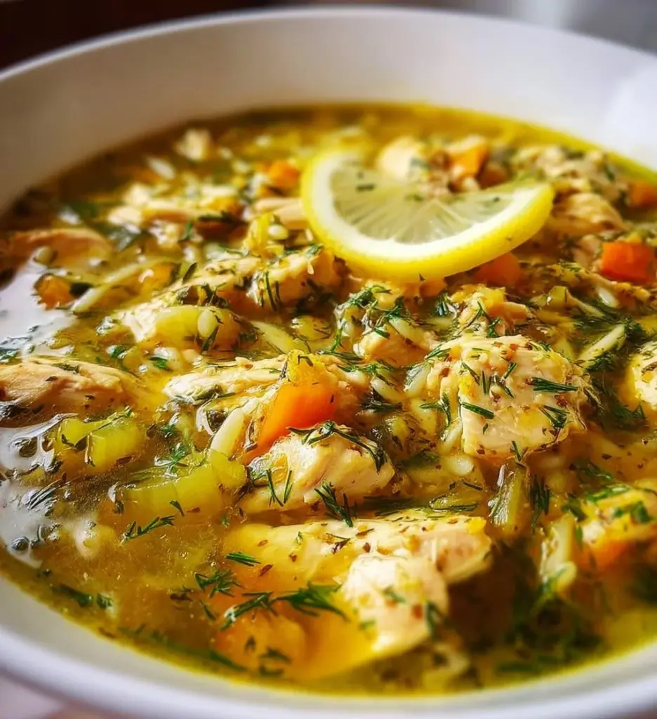 Bowl of Greek lemon chicken soup garnished with herbs and lemon slices