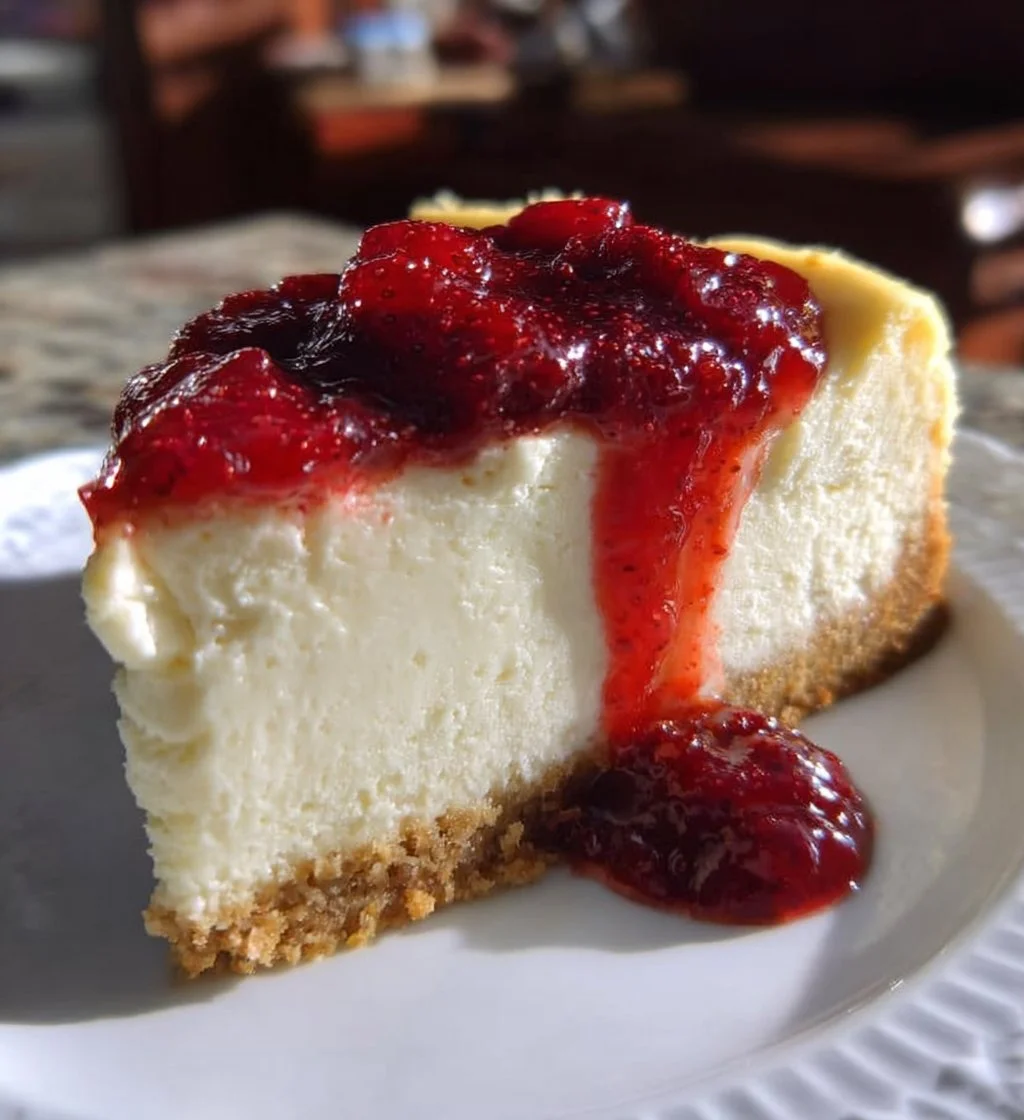 Creamy slice of Greek Yogurt Cheesecake topped with fresh berries