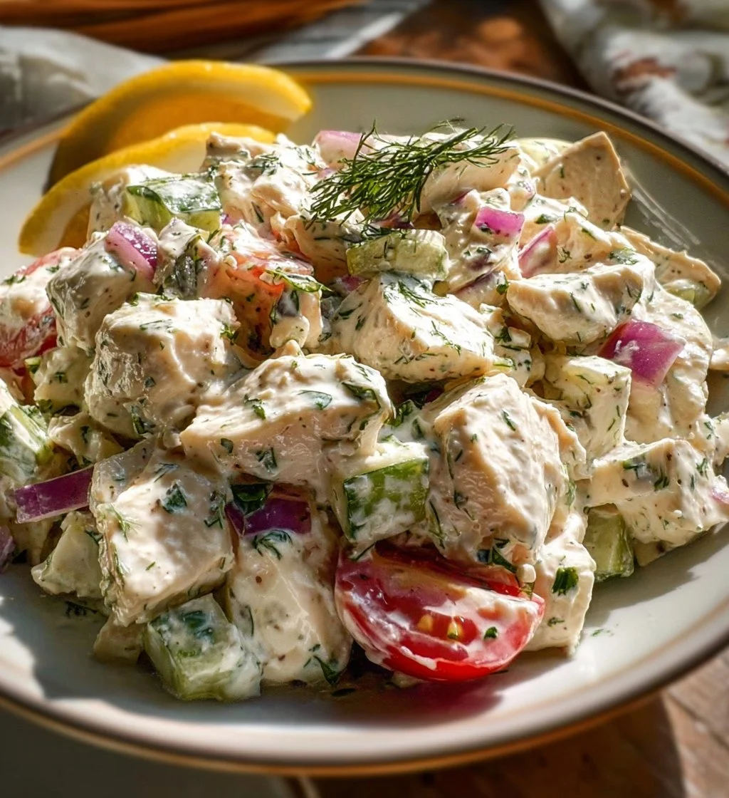Bowl of Greek yogurt chicken salad garnished with fresh herbs