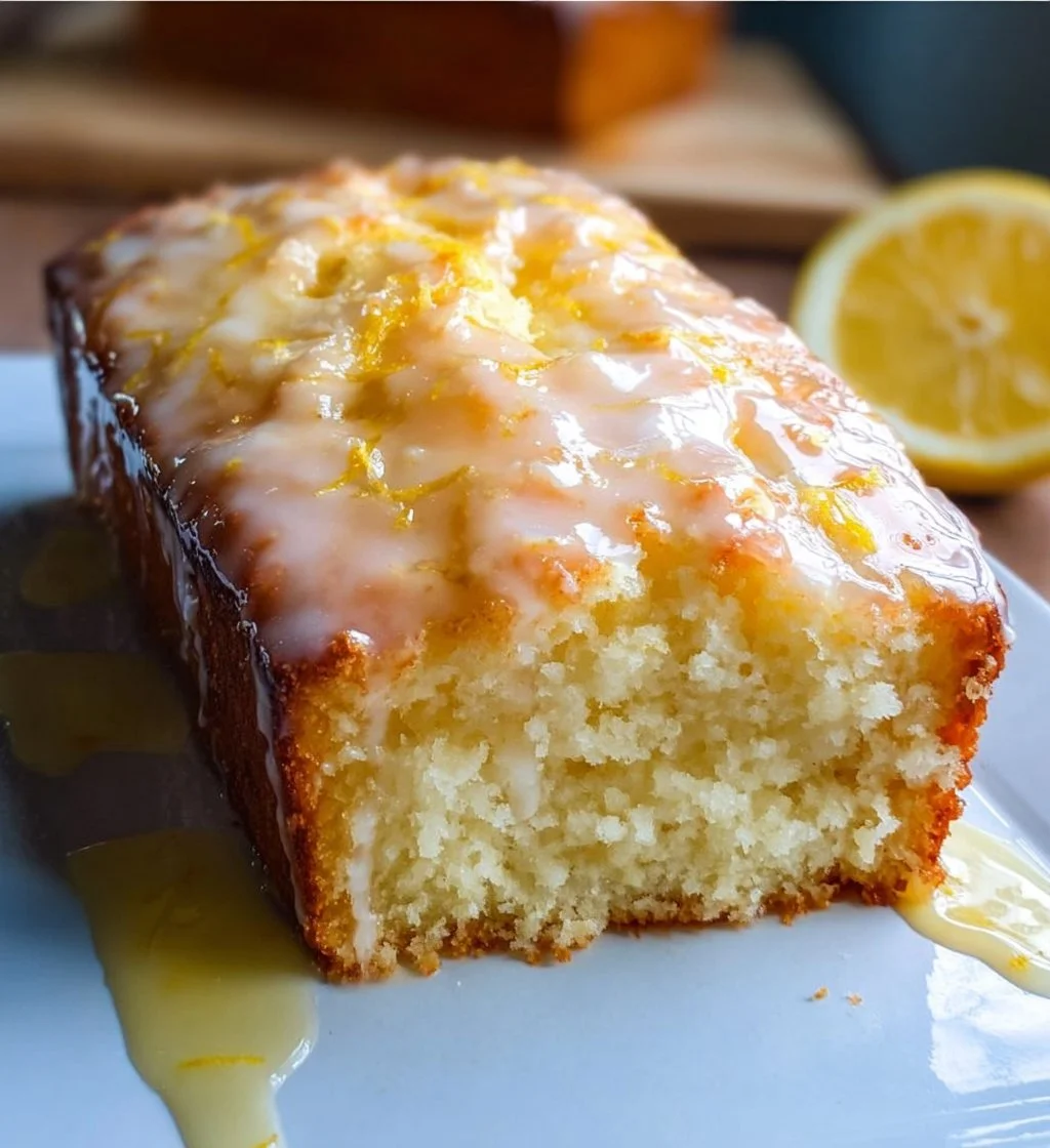 Delicious Greek yogurt lemon loaf, moist and zesty dessert on a table.