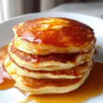 Fluffy Greek Yogurt Pancakes topped with fresh fruits and syrup