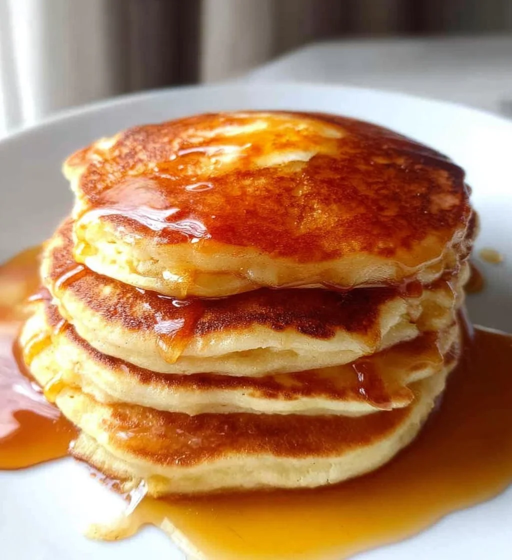 Fluffy Greek Yogurt Pancakes topped with fresh fruits and syrup