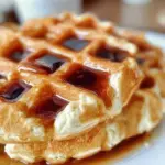 Plate of Greek Yogurt Waffles topped with fresh fruits and syrup.