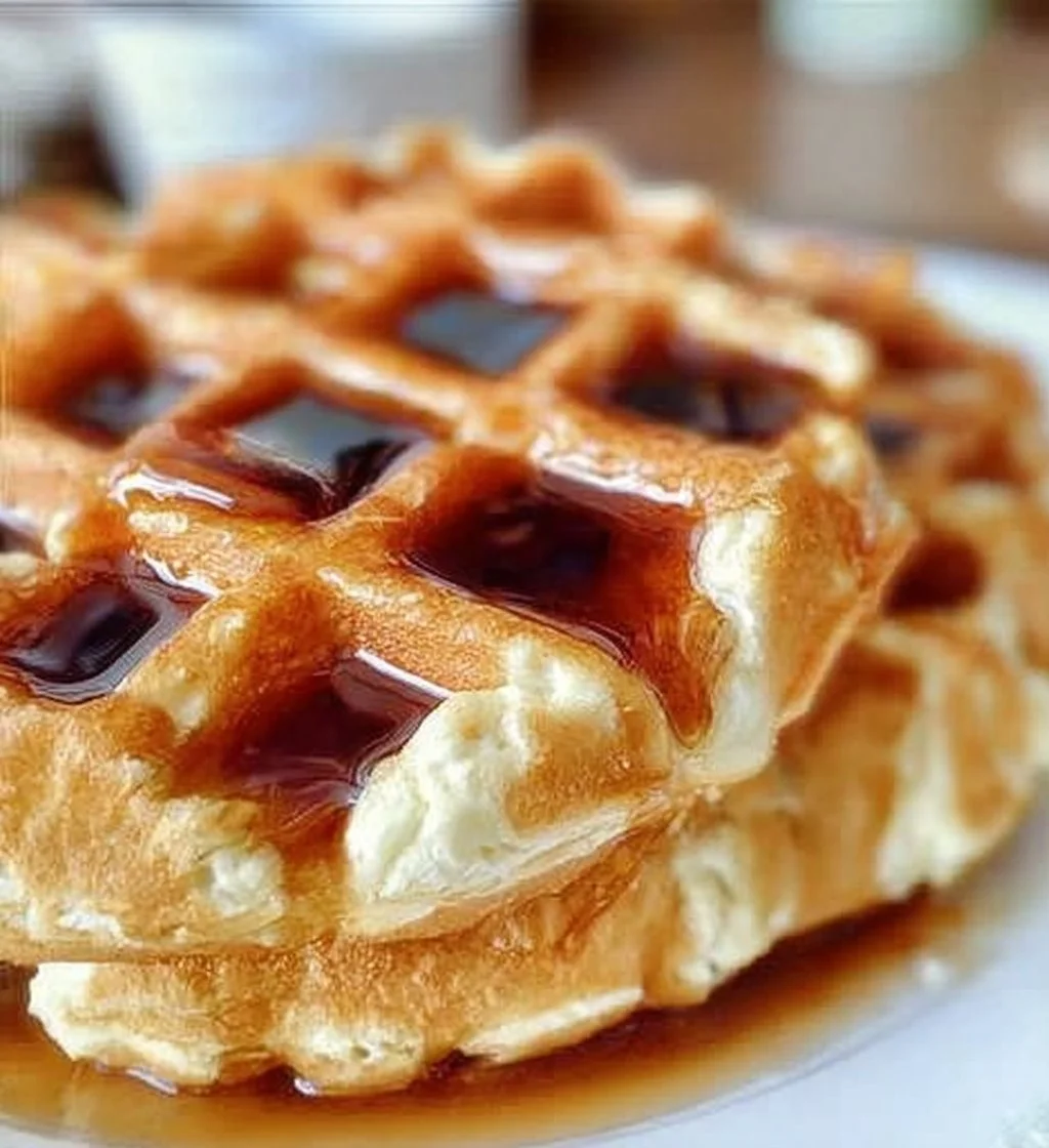 Plate of Greek Yogurt Waffles topped with fresh fruits and syrup.
