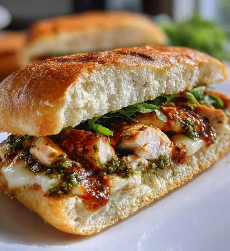 Grilled Ciabatta Sandwich with Chicken and Mozzarella served with fresh herbs