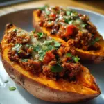 Ground turkey stuffed sweet potatoes topped with cheese and herbs.