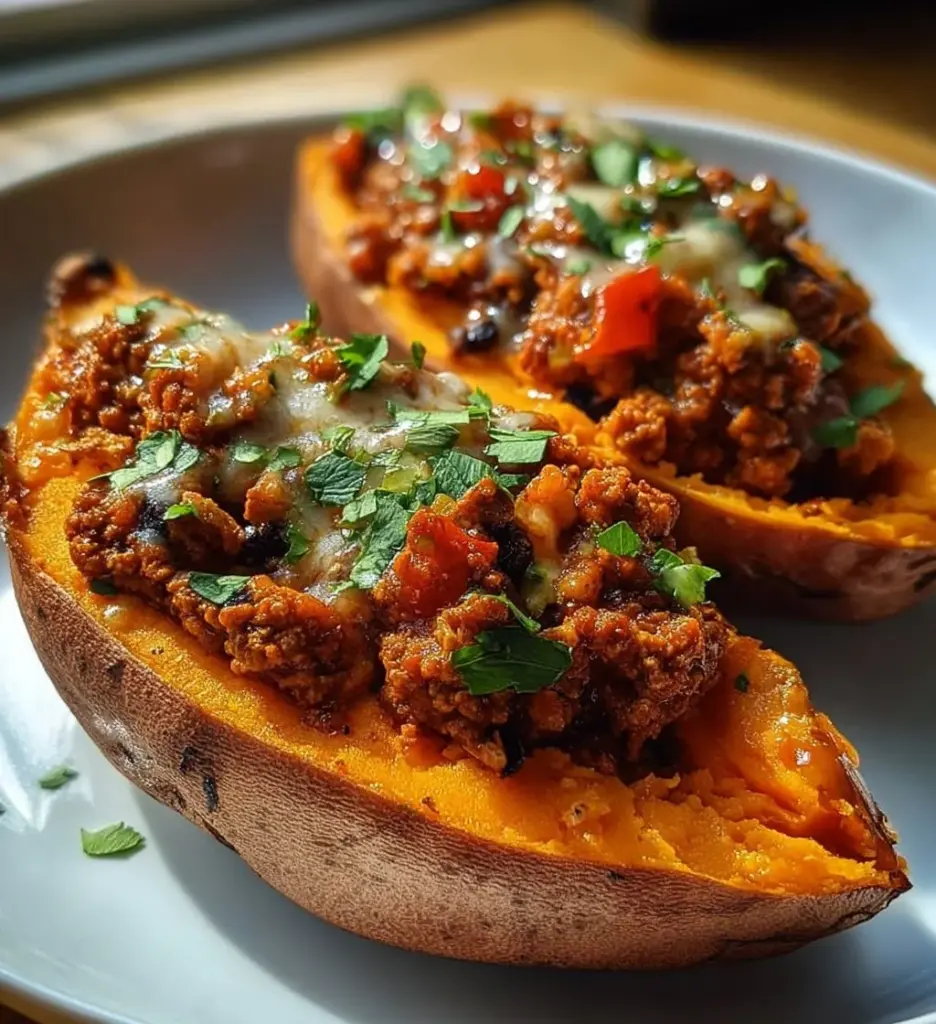 Ground turkey stuffed sweet potatoes topped with cheese and herbs.