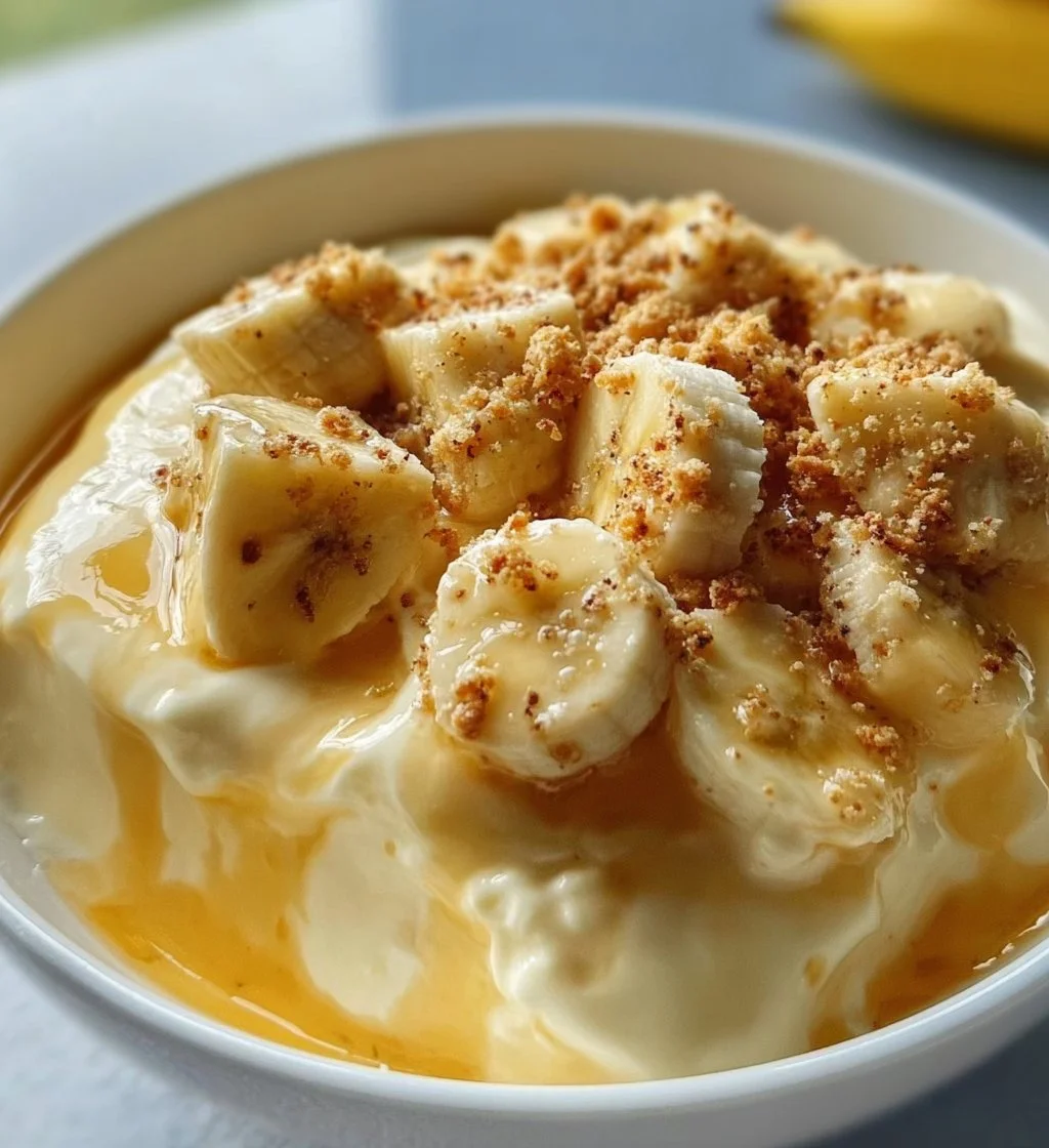 Healthy banana pudding with Greek yogurt served in a bowl