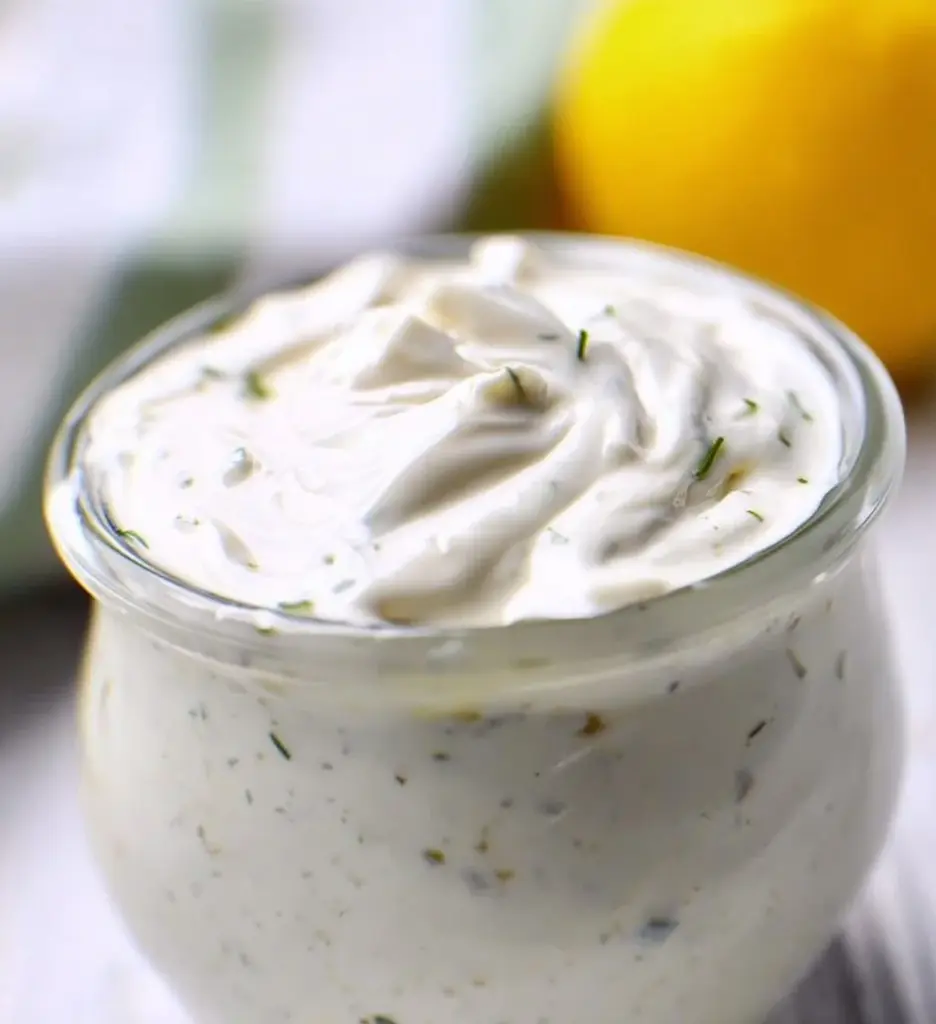 Healthy Greek yogurt ranch dressing in a bowl with fresh vegetables