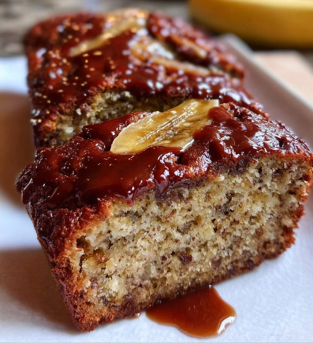 Healthy yogurt banana bread fresh out of the oven, topped with sliced bananas.