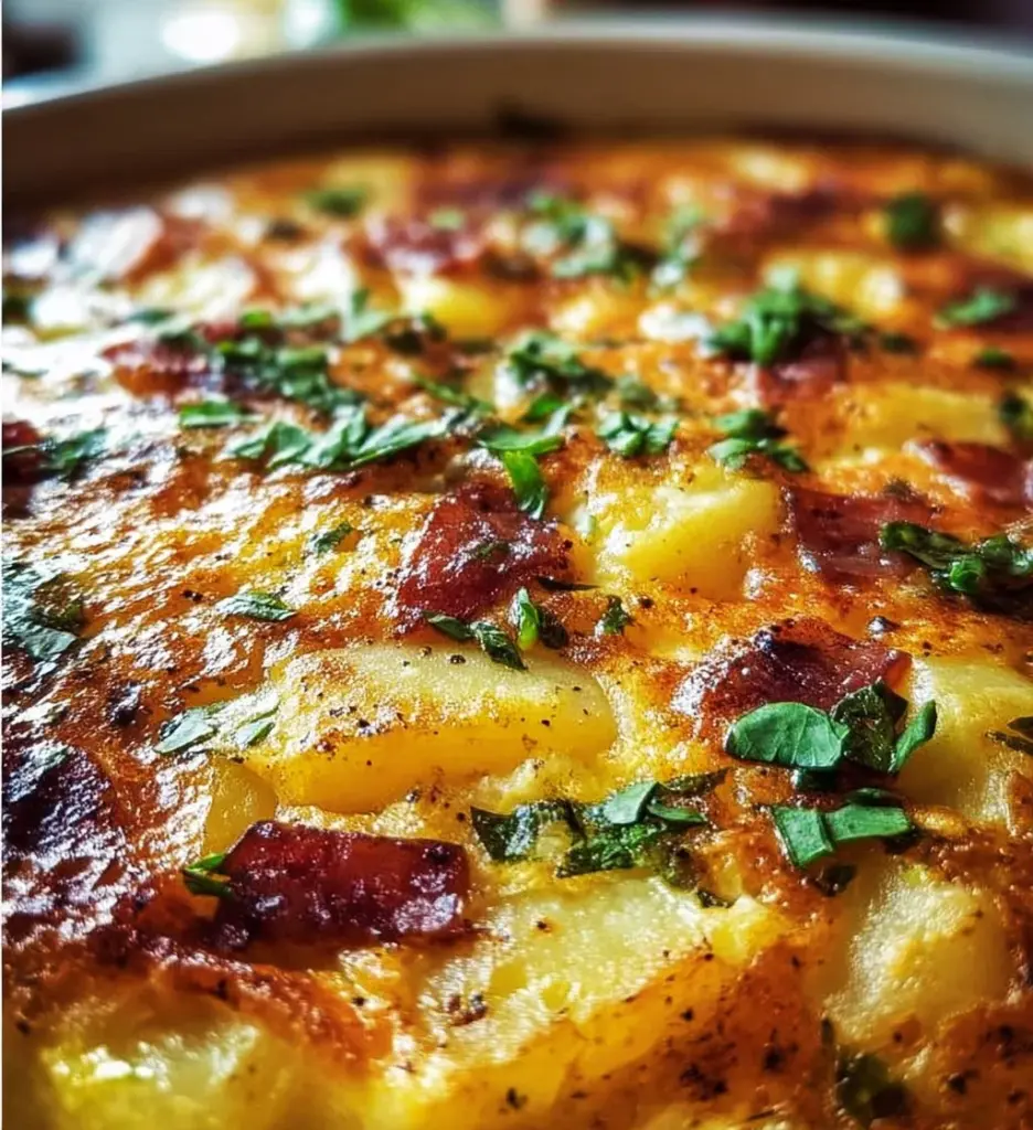 Delicious and hearty potato frittata served on a plate with herbs