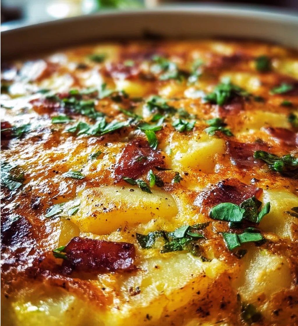 Delicious and hearty potato frittata served on a plate with herbs