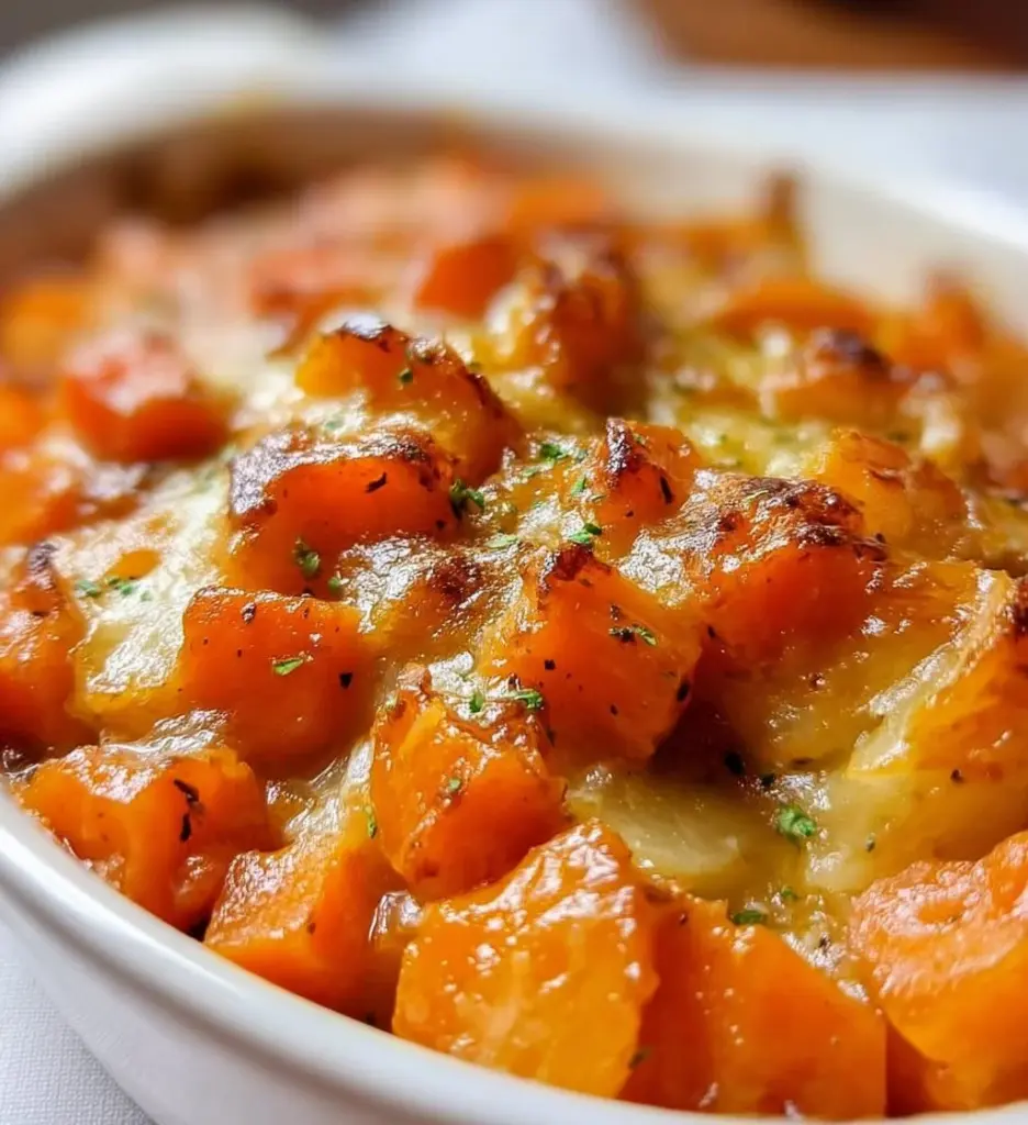 Hearty rutabaga and carrot casserole served in a baking dish