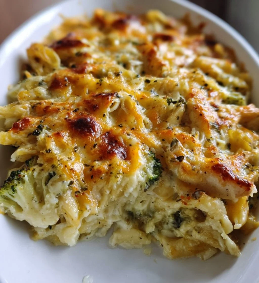 Delicious high protein alfredo bake with creamy sauce and pasta