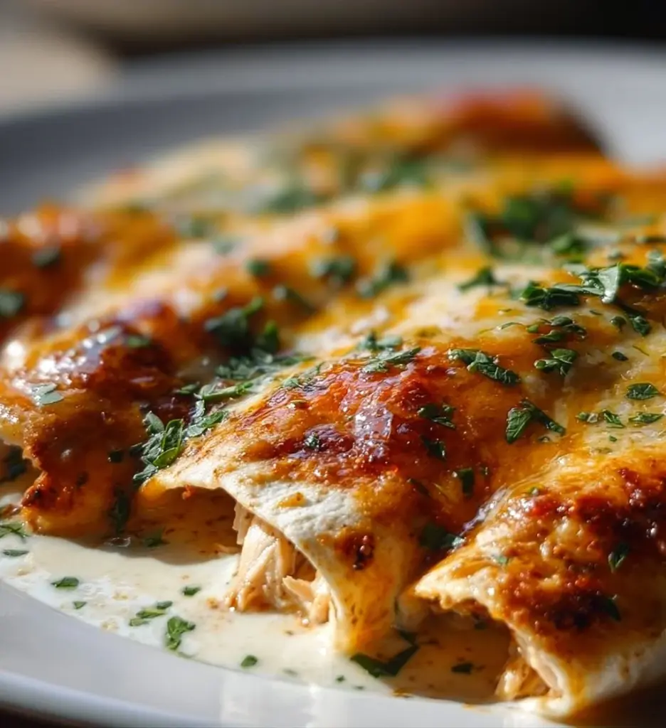 Delicious high protein chicken enchiladas topped with cheese and salsa.