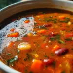 Bowl of high protein minestrone soup with vegetables and beans