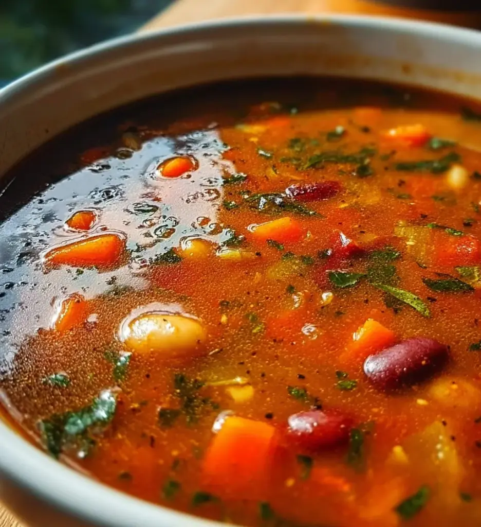 Bowl of high protein minestrone soup with vegetables and beans