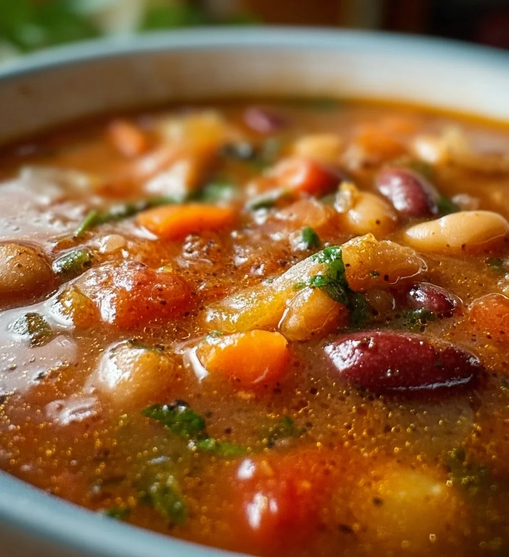 Bowl of high protein minestrone soup loaded with veggies and beans