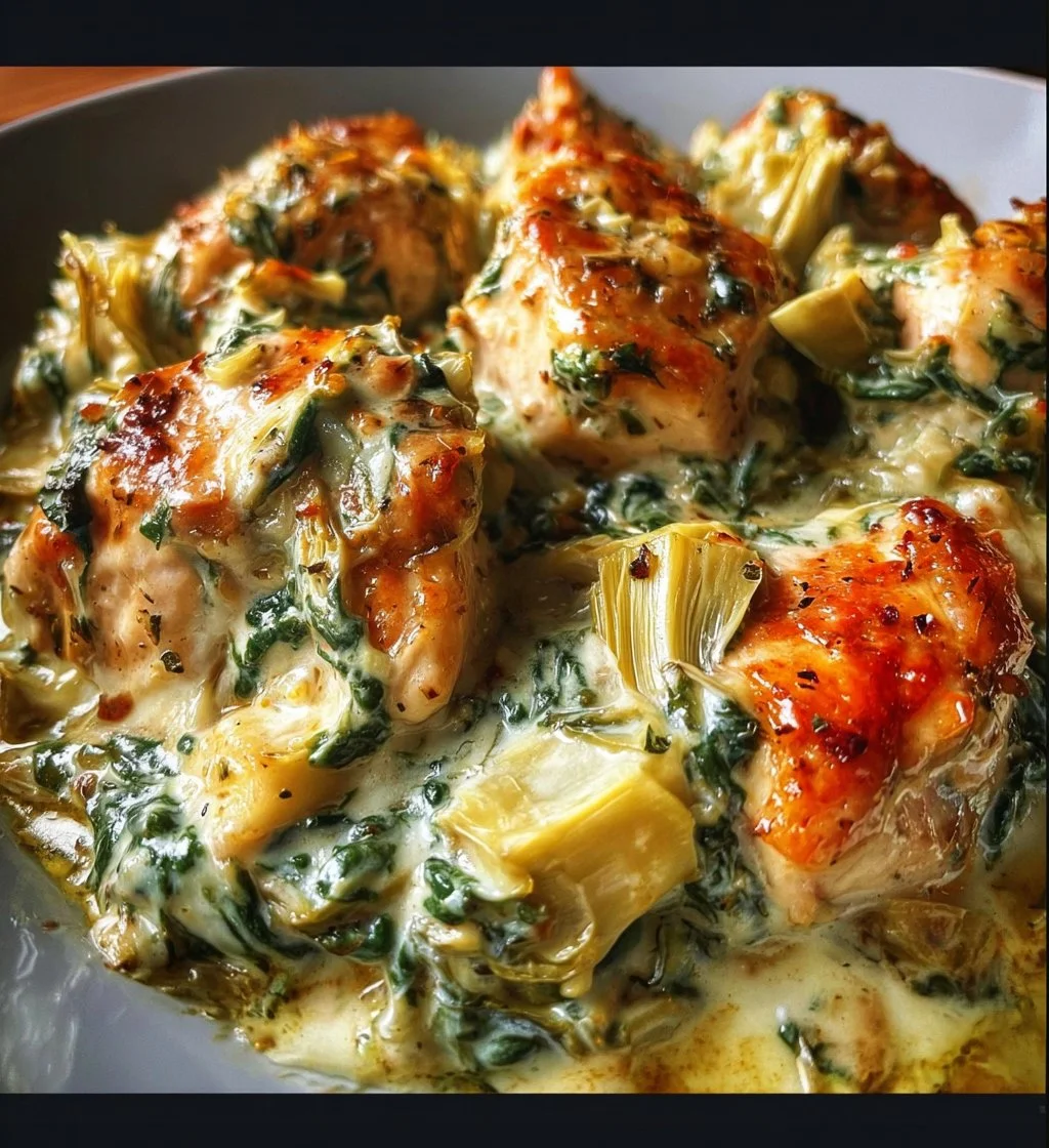 High-protein spinach and artichoke chicken casserole in a baking dish