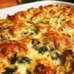 High-protein spinach and artichoke chicken casserole dish served in a baking dish