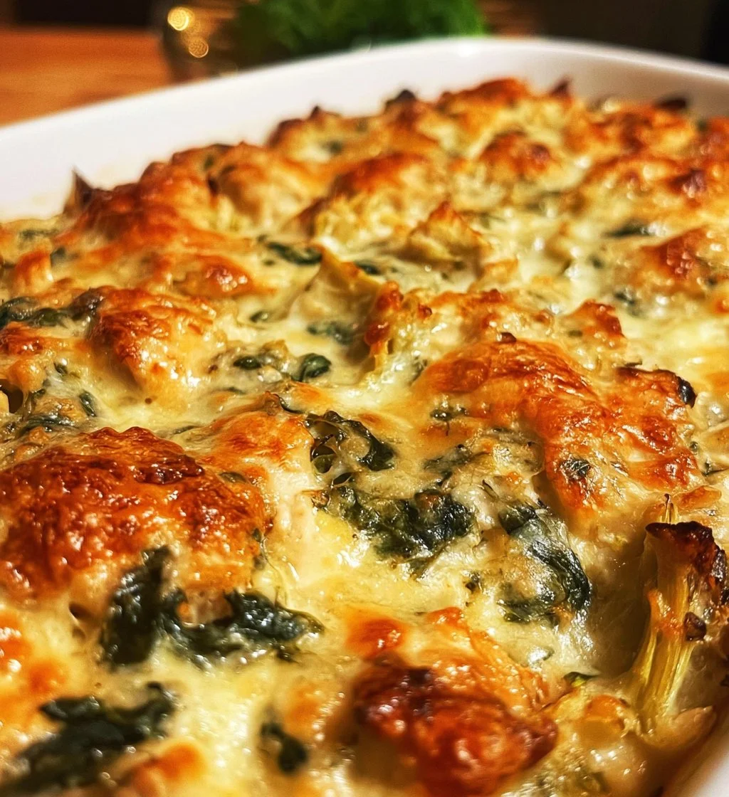 High-protein spinach and artichoke chicken casserole dish served in a baking dish