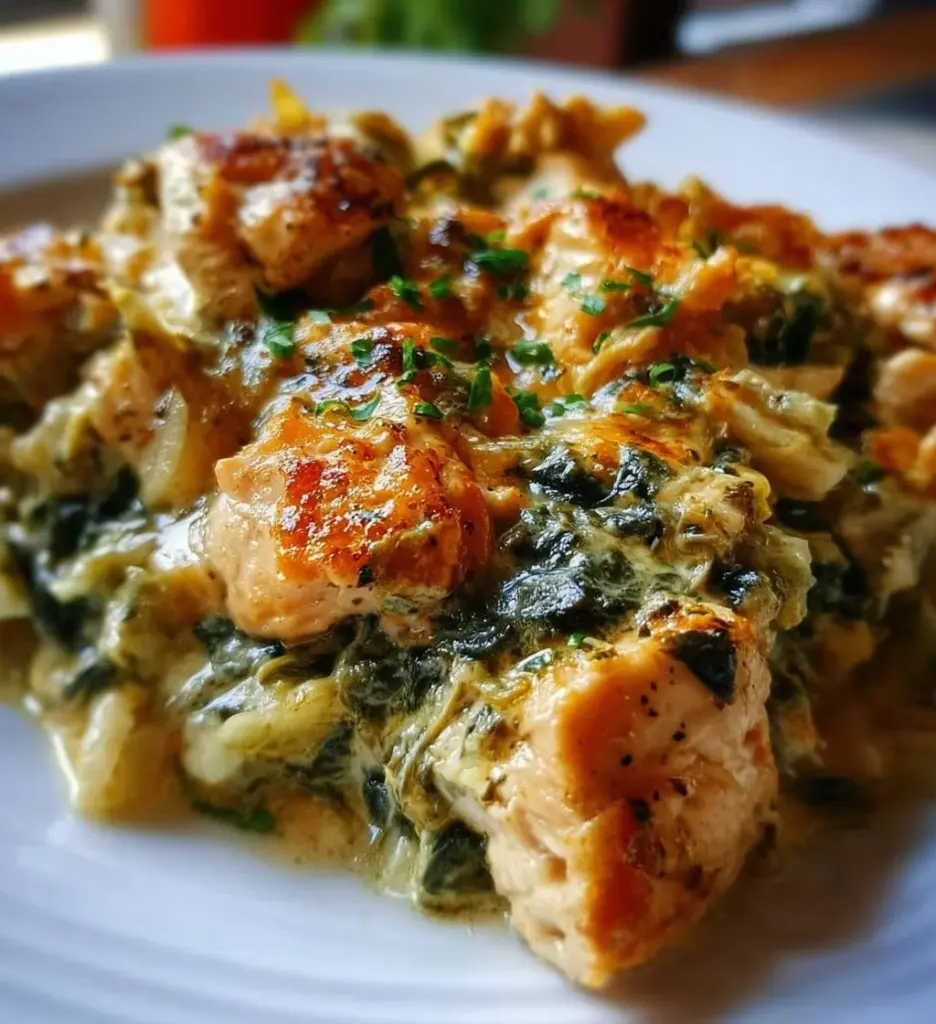 High-protein spinach and artichoke chicken casserole topped with cheese