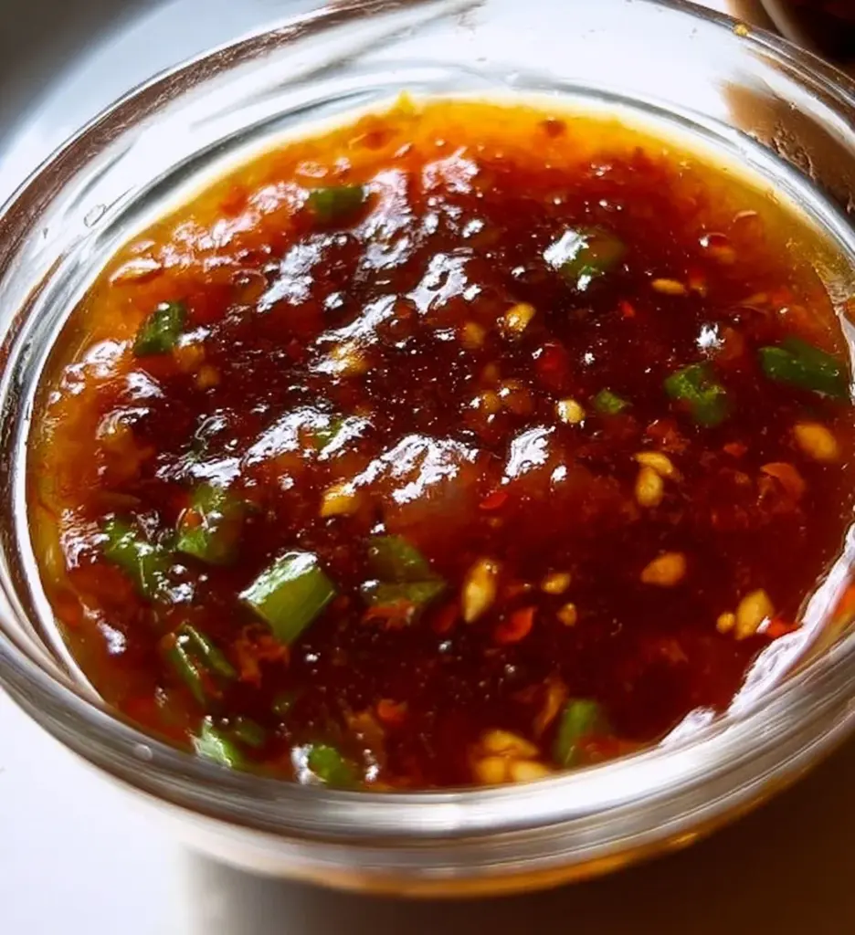 Delicious homemade spring roll sauce in a bowl with fresh ingredients