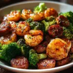 Honey Garlic Shrimp and Sausage served with Broccoli in a delicious dish