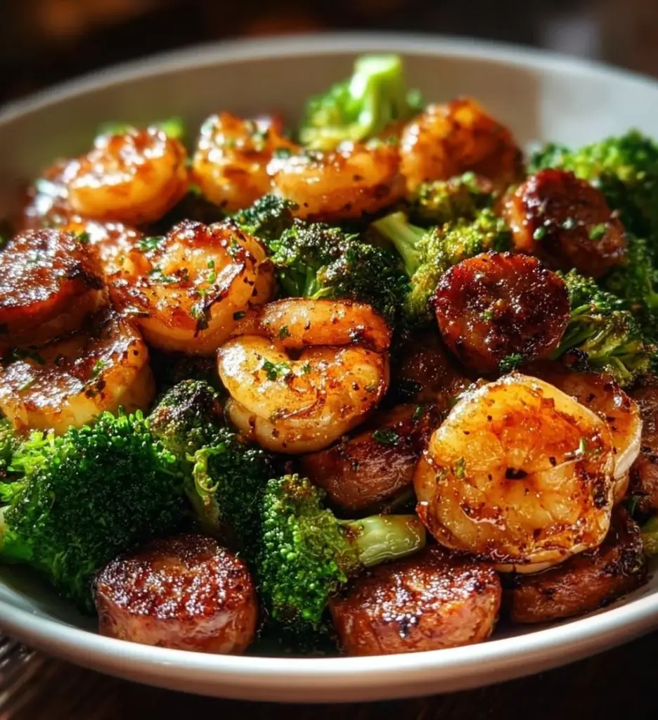 Honey Garlic Shrimp and Sausage served with Broccoli in a delicious dish