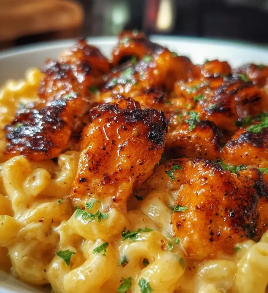Plate of Honey Pepper Chicken served with creamy mac and cheese