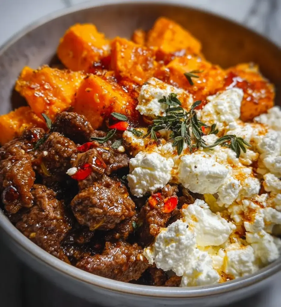 Delicious Hot Honey Cottage Cheese Sweet Potato Beef Bowl topped with fresh ingredients.