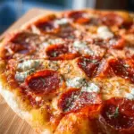 Hot Honey Pepperoni Ricotta Pizza topped with spicy honey and creamy ricotta