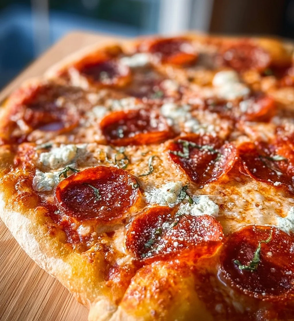 Hot Honey Pepperoni Ricotta Pizza topped with spicy honey and creamy ricotta