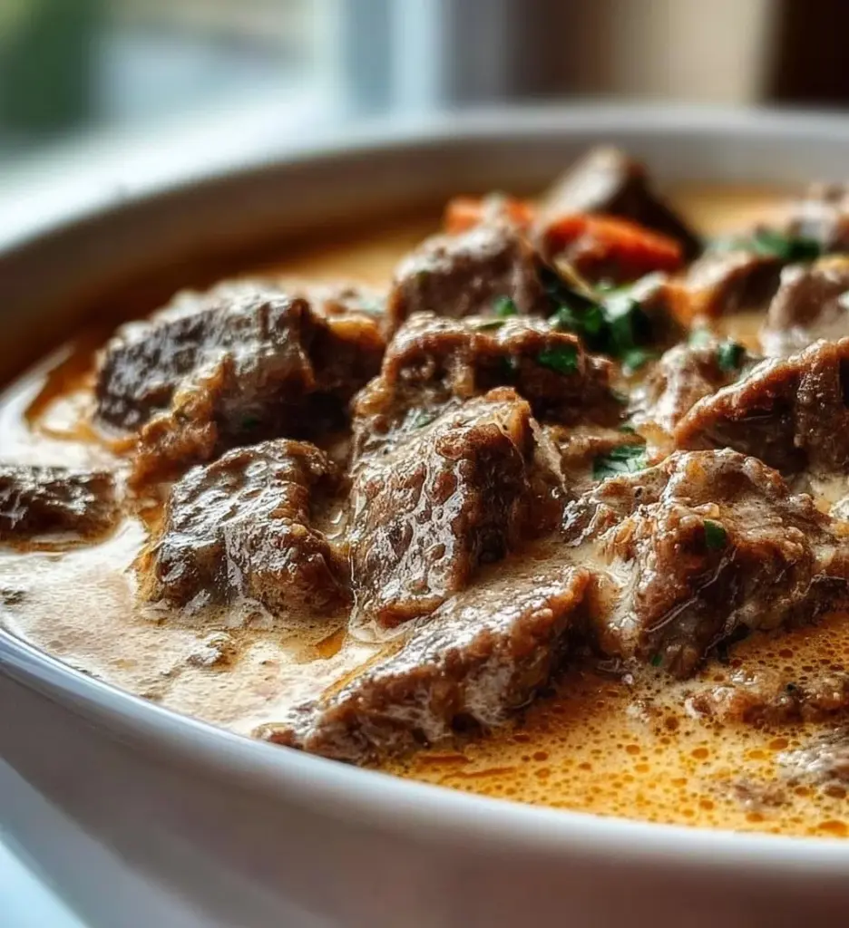 Bowl of creamy Philly Cheese Steak Soup garnished with herbs and cheese.