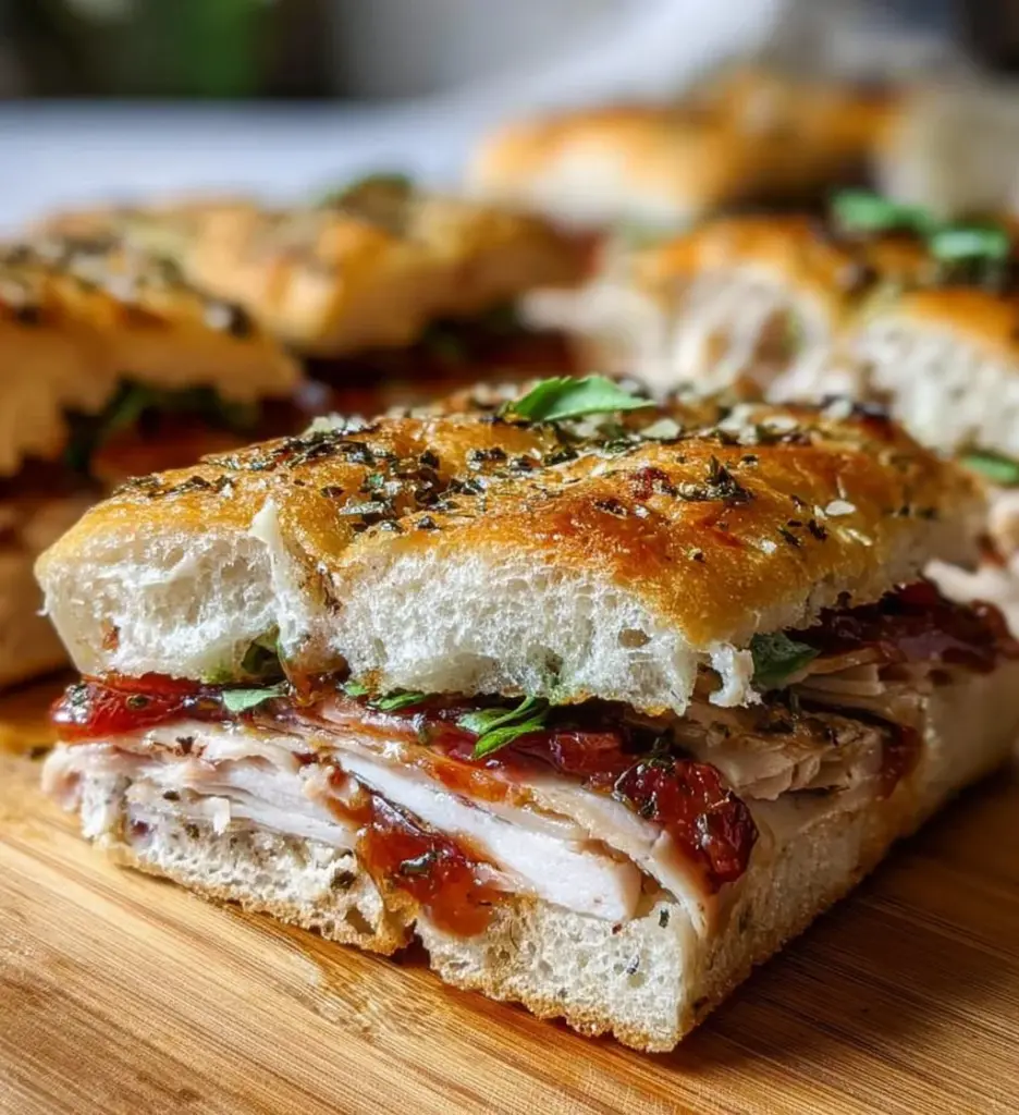 Italian Turkey Focaccia Sandwiches with fresh ingredients and herbs