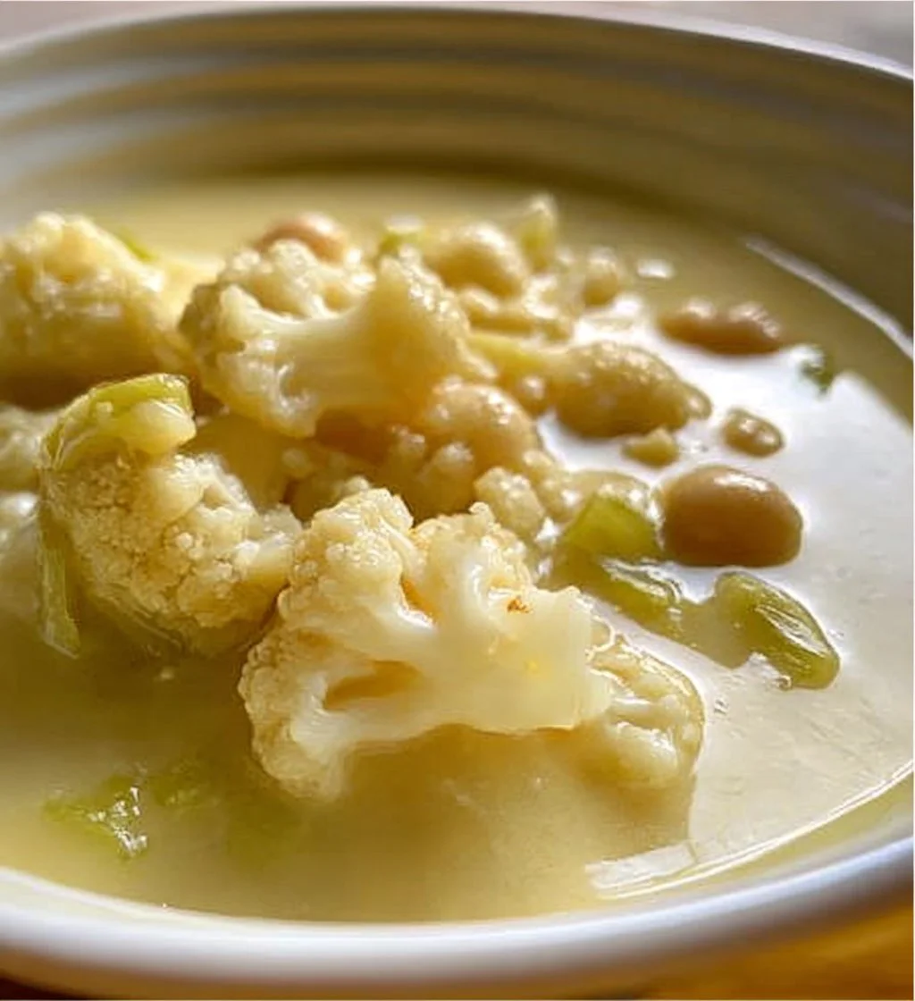 Bowl of creamy cauliflower leek soup inspired by Jamie Oliver's recipe.