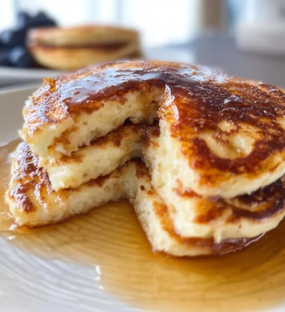 Fluffy keto-friendly cottage cheese pancakes served on a plate with syrup