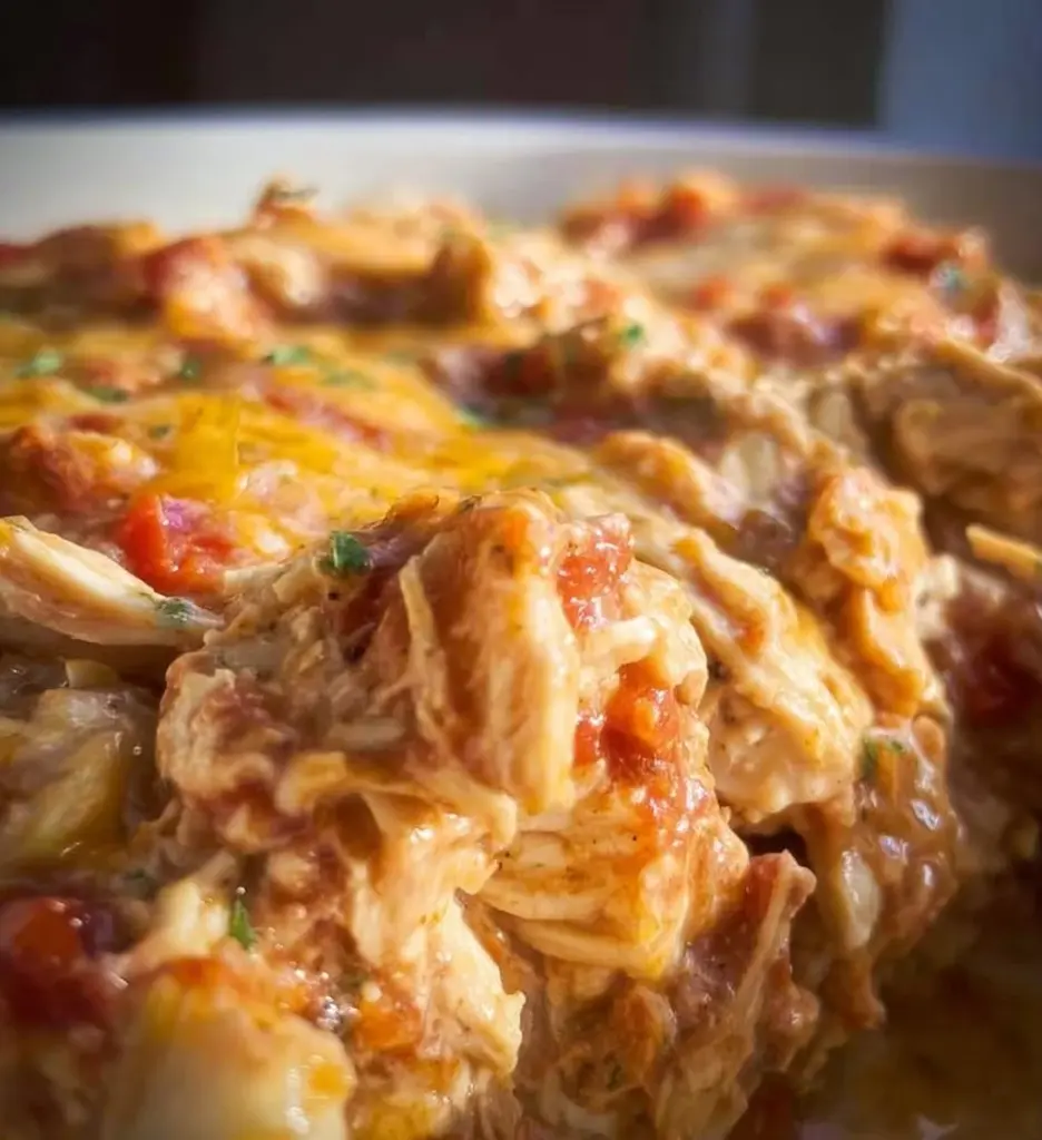 Delicious King Ranch Chicken Casserole topped with cheese and spices