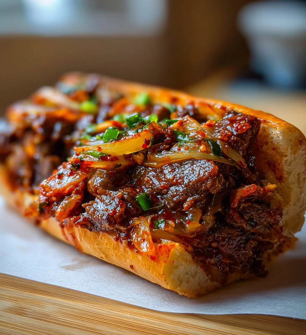 Delicious kimchi bulgogi cheesesteak with melted cheese and fresh ingredients