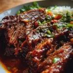 Delicious Korean style pot roast served with vegetables and rice